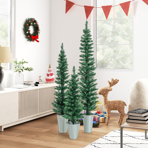 Gymax Potted Artificial Christmas Tree Set of 3 with 3/4/5 FT Faux Slim Pencil Trees