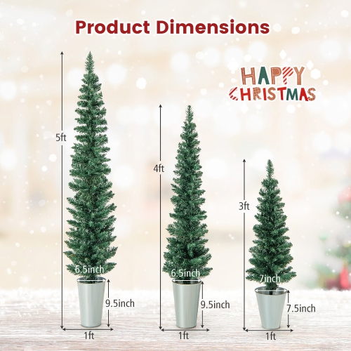Gymax Potted Artificial Christmas Tree Set of 3 with 3/4/5 FT Faux Slim Pencil Trees