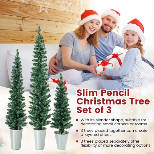 Gymax Potted Artificial Christmas Tree Set of 3 with 3/4/5 FT Faux Slim Pencil Trees