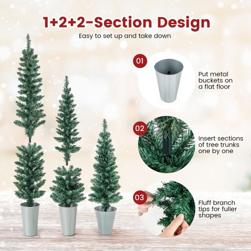 Gymax Potted Artificial Christmas Tree Set of 3 with 3/4/5 FT Faux Slim Pencil Trees
