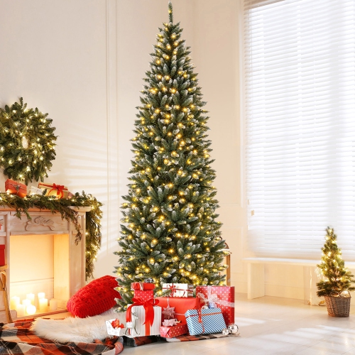 GYMAX  9 Ft Pre-Lit Artificial Christmas Tree Hinged Slim Pencil Xmas Tree W/ 1298 Snowy Branch Tips