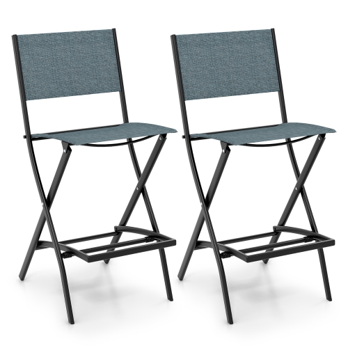 Gymax Folding Bar Stools Set of 2 Patio Sling Chairs w/ Backrest Humanized Footrest