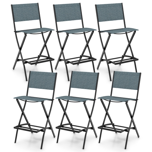 Gymax Folding Bar Stools Set of 6 Patio Sling Chairs w/ Backrest Humanized Footrest Blue