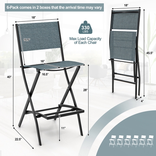 Gymax Folding Bar Stools Set of 6 Patio Sling Chairs w/ Backrest Humanized Footrest Blue