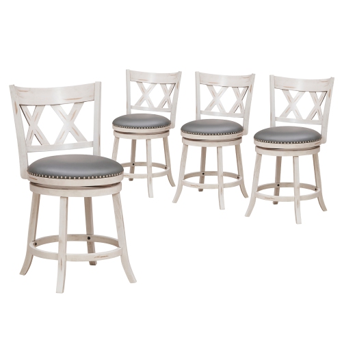 Gymax 25.5'' Swivel Bar Stools Set of 4 Solid Wood Stools w/ X-shaped Backrests Antique White & Gray