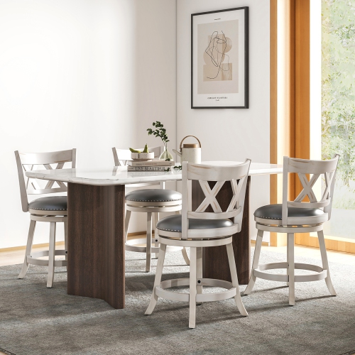 Gymax 25.5'' Swivel Bar Stools Set of 4 Solid Wood Stools w/ X-shaped Backrests Antique White & Gray
