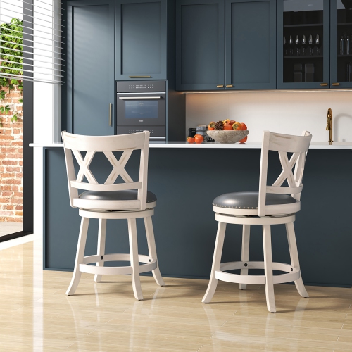 Gymax 25.5'' Swivel Bar Stools Set of 4 Solid Wood Stools w/ X-shaped Backrests Antique White & Gray