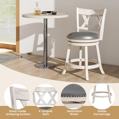 Gymax 25.5'' Swivel Bar Stools Set of 4 Solid Wood Stools w/ X-shaped Backrests Antique White & Gray
