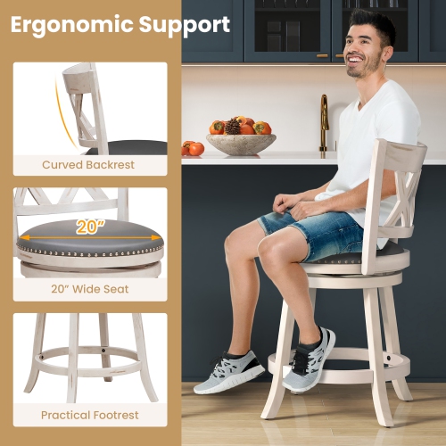 Gymax 25.5'' Swivel Bar Stools Set of 4 Solid Wood Stools w/ X-shaped Backrests Antique White & Gray