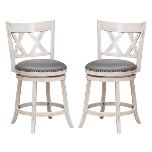 Gymax 25.5'' Swivel Bar Stools Set of 4 Solid Wood Stools w/ X-shaped Backrests Antique White & Gray