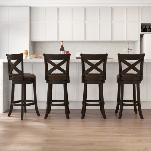Gymax 31'' Swivel Bar Stool Set of 4 Bar Height PU Leather Seat Rubber Wood Legs