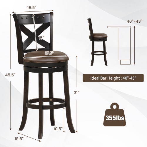 Gymax 31'' Swivel Bar Stool Set of 4 Bar Height PU Leather Seat Rubber Wood Legs