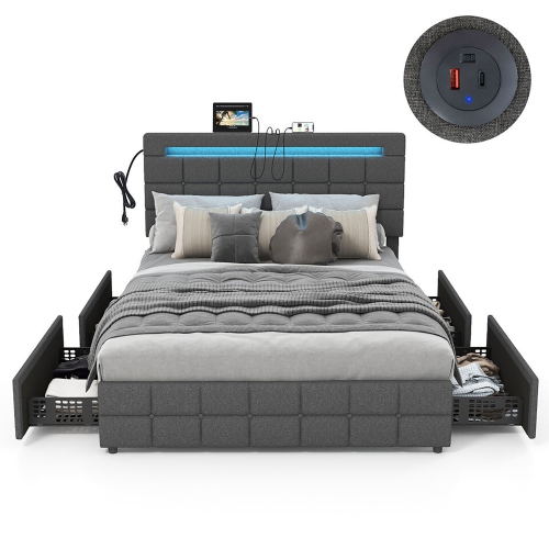 Gymax Full Upholstered Platform Bed with LED Headboard Charging Station Storage Drawer