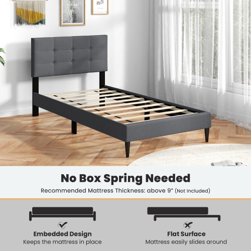 Gymax Twin Upholstered Platform Bed Mattress Foundation Button Tufted Headboard