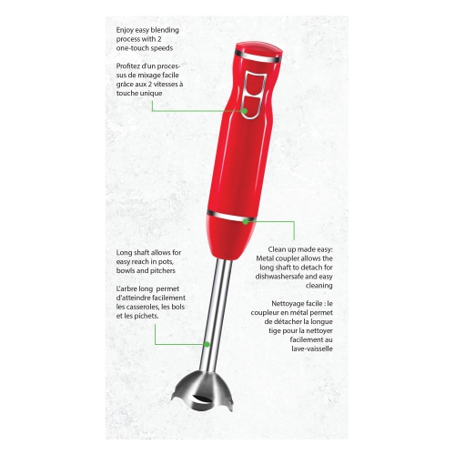 JS Gourmet - 2 Speed Hand Blender, Stainless Steel Blade, 300 Watts, Red