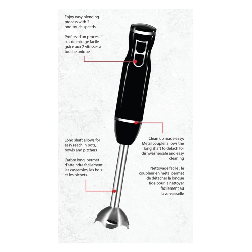JS Gourmet - 2 Speed Hand Blender, Stainless Steel Blade, 300 Watts, Black