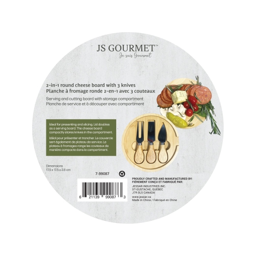 JS Gourmet - 2 in 1 Round Cheese Board and 3 Knives Set