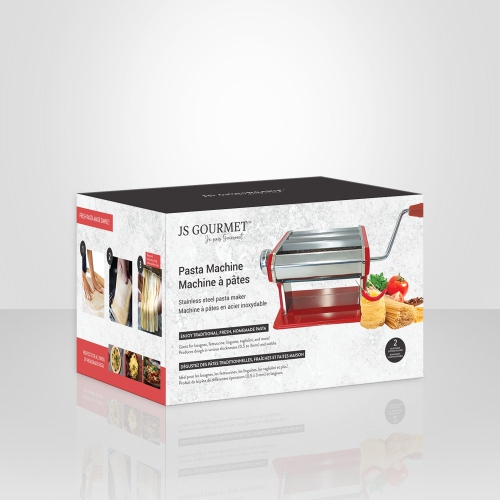 JS Gourmet - machine à pâtes manuelle en acier inoxydable, 2 rouleaux de coupe réglables, rouge