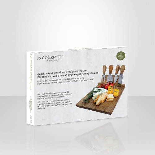 JS Gourmet - Acacia Wood Cheese Board with 4 Knives and Magnetic Holder