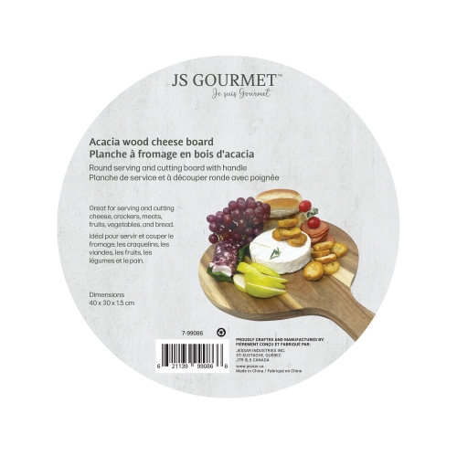 JS Gourmet - Round Cheese Board with Handle, Made of Acacia Wood