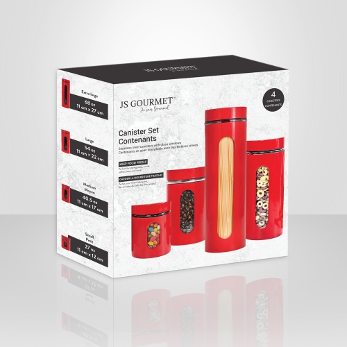 JS Gourmet - Ensemble de 4 contenants de rangement en acier inoxydable, rouge