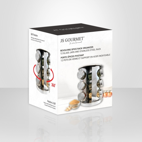 JS Gourmet - Set of 12 Spice Jars with Rotating Stainless Steel Stand