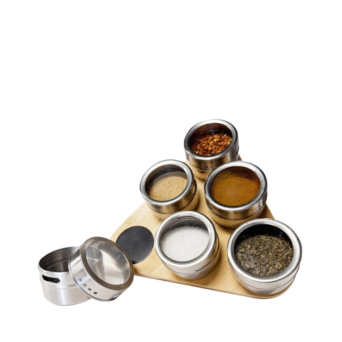 JS GOURMET  - Set Of 6 Magnetic Spice Containers With Bamboo Storage Tray
