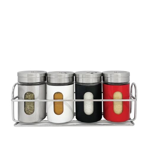 JS Gourmet - Set of 4 Spice Jars with Storage Tray, Stainless Steel