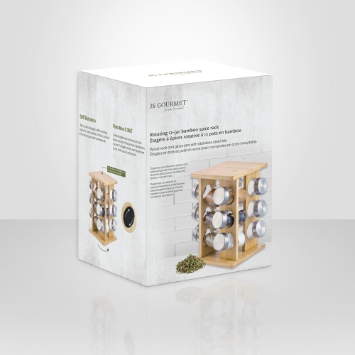 JS Gourmet - Set of 12 Spice Jars with Rotating Bamboo Stand