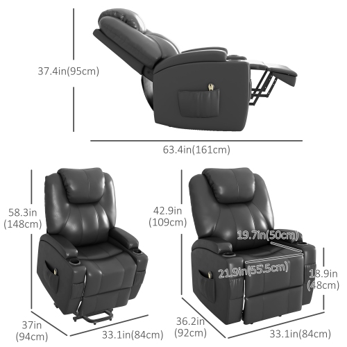 HOMCOM Power Lift Recliner Chair for Elderly, PU Leather Lift Chair with Footrest, Remote Control, Side Pockets and Cup Holders, Reclining Sofa for