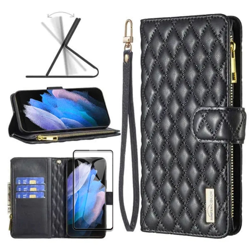 Samsung Smart View Diamond Quilted Leather Protective Case Cover For Galaxy S22 Ultra Black With Free Tempered Glass