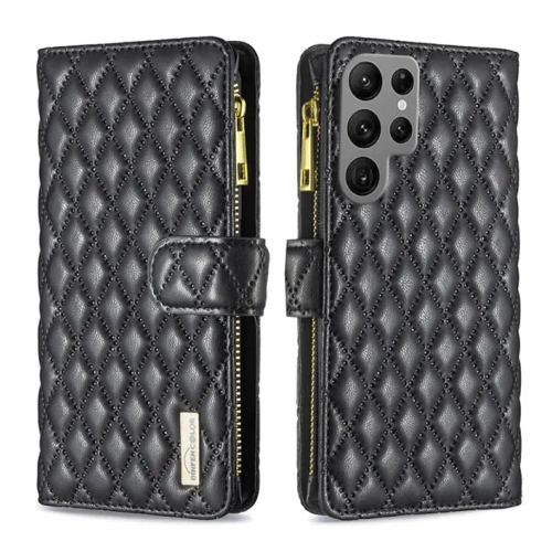 Samsung Smart View Diamond Quilted Leather Protective Case Cover For Galaxy S22 Ultra Black With Free Tempered Glass
