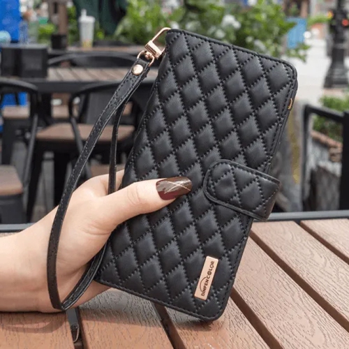 Samsung Smart View Diamond Quilted Leather Protective Case Cover For Galaxy S22 Ultra Black With Free Tempered Glass