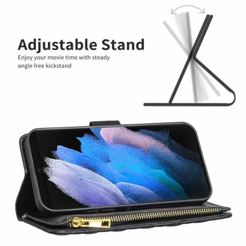 Samsung Smart View Diamond Quilted Leather Protective Case Cover For Galaxy S22 Ultra Black With Free Tempered Glass