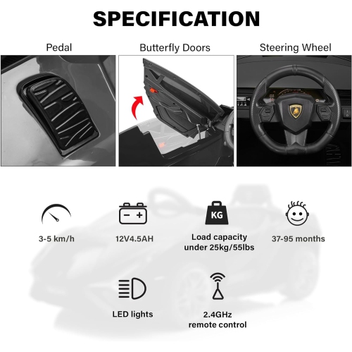 Voltz Toys 12V Ride On Car for Kids, Official Licensed Lamborghini SIAN, Battery Powered Electric Car with Remote Control, LED Lights and MP3 Player