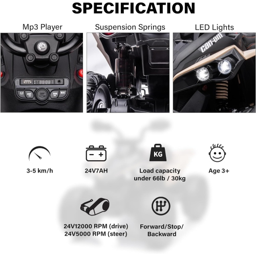 Voltz Toys ATV Ride-on Toy Car for Kids, 24V Licensed Can-Am Renegade Off-Road Battery Powered Electric Truck with LED Lights, and MP3 Player