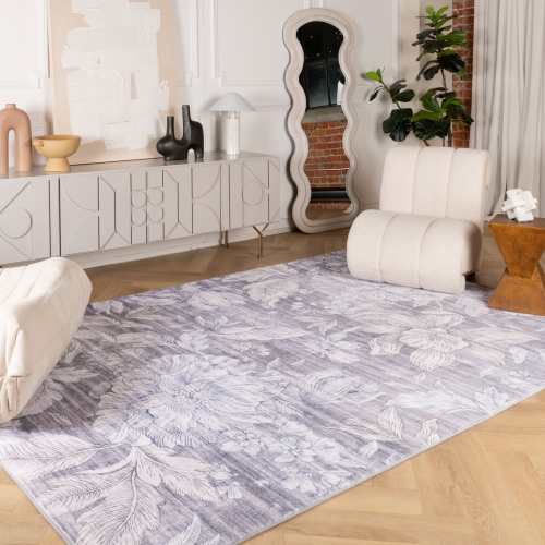 Tapis d'intérieur doux moderne à motif floral beige Rug Branch, gris