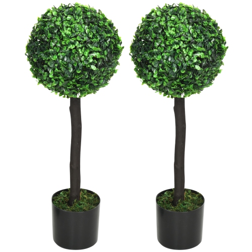 HOMCOM  2Ft Artificial Boxwood Topiary Ball Trees Set Of 2, Potted Fake Plants for Indoor Outdoor, Decorative Artificial Plants In Green