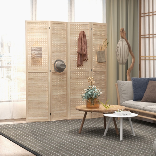 HOMCOM 5.6 Ft. Tall 4-Panel Room Divider, Pegboard Panel Freestanding Folding Privacy Screen Panels, Partition Wall Divider for Indoor Bedroom