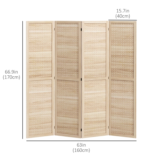 HOMCOM 5.6 Ft. Tall 4-Panel Room Divider, Pegboard Panel Freestanding Folding Privacy Screen Panels, Partition Wall Divider for Indoor Bedroom