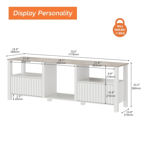 WAMPAT LED TV Stand for 75 Inches, White Entertainment Center for 80 inch TV Media Console Table with 5 Storage for Living Room Bedroom, 70''