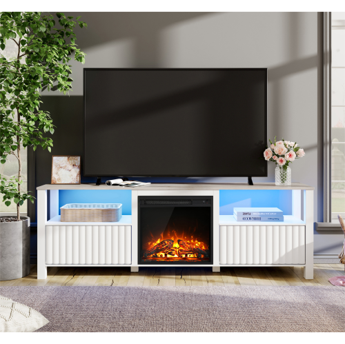 WAMPAT Fireplace TV Stand for 75 Inch TV with Blue/Yellow LED Light, White Entertainment Center Modern TV Console Table, 70 Inch