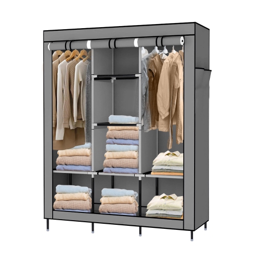 Portable Wardrobe Closet with 2 Hanging Rods, Non-woven Fabric Cabint Clothes Bedroom and Closet Organizers with Storage Shelf and Side Pocket