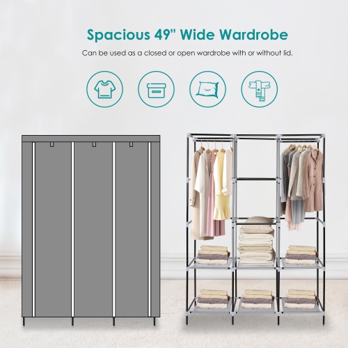 Garde-robe portatif avec 2 tringles, garde-robe en tissu non tissé et range-placard avec tablette de rangement et pochette latérale