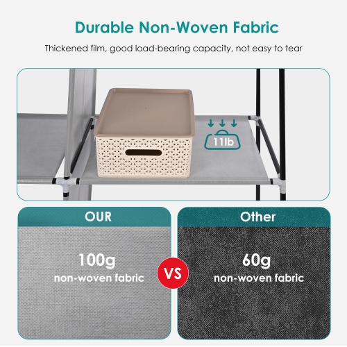 Garde-robe portatif avec 2 tringles, garde-robe en tissu non tissé et range-placard avec tablette de rangement et pochette latérale