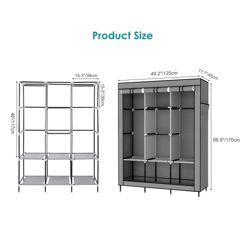 Garde-robe portatif avec 2 tringles, garde-robe en tissu non tissé et range-placard avec tablette de rangement et pochette latérale