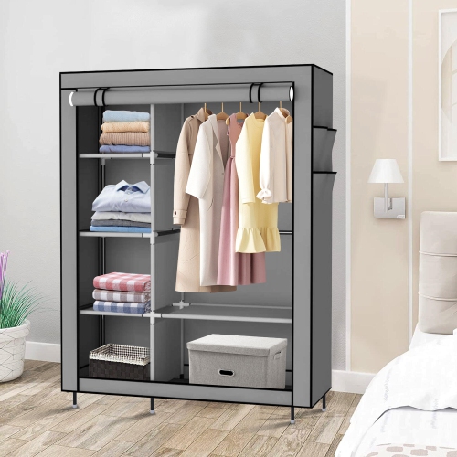 Portable Wardrobe Clothes Bedroom and Closet Organizers,Storage Shelves Non-Woven Fabric Cover with Hanging Rod and Side Pocket