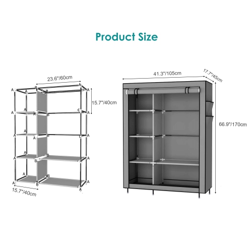 Portable Wardrobe Clothes Bedroom and Closet Organizers,Storage Shelves Non-Woven Fabric Cover with Hanging Rod and Side Pocket