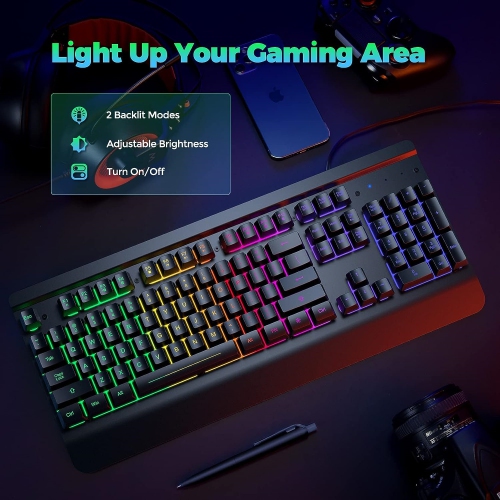NIERBO 104 Keys All-Metal Panel, Rainbow LED Backlit Quiet Computer Keyboard, Wrist Rest, Multimedia Keys, Anti-ghosting Keys, Waterproof Light Up