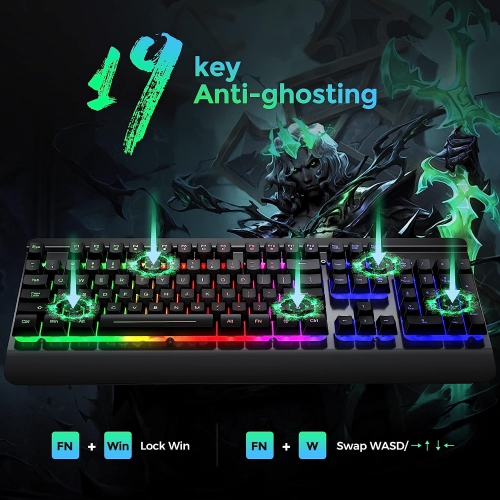 NIERBO 104 Keys All-Metal Panel, Rainbow LED Backlit Quiet Computer Keyboard, Wrist Rest, Multimedia Keys, Anti-ghosting Keys, Waterproof Light Up